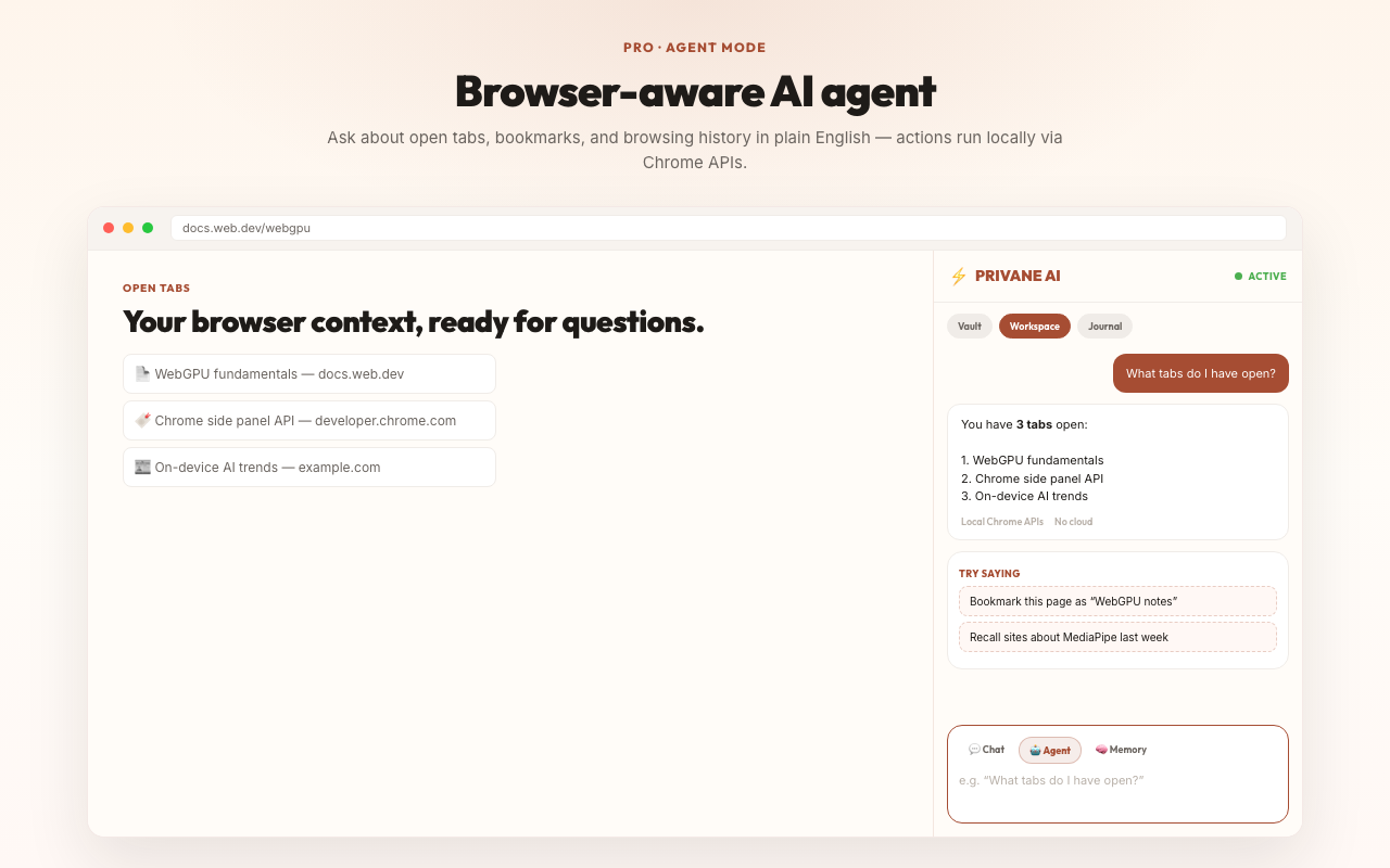 Privane Agent Mode listing open tabs