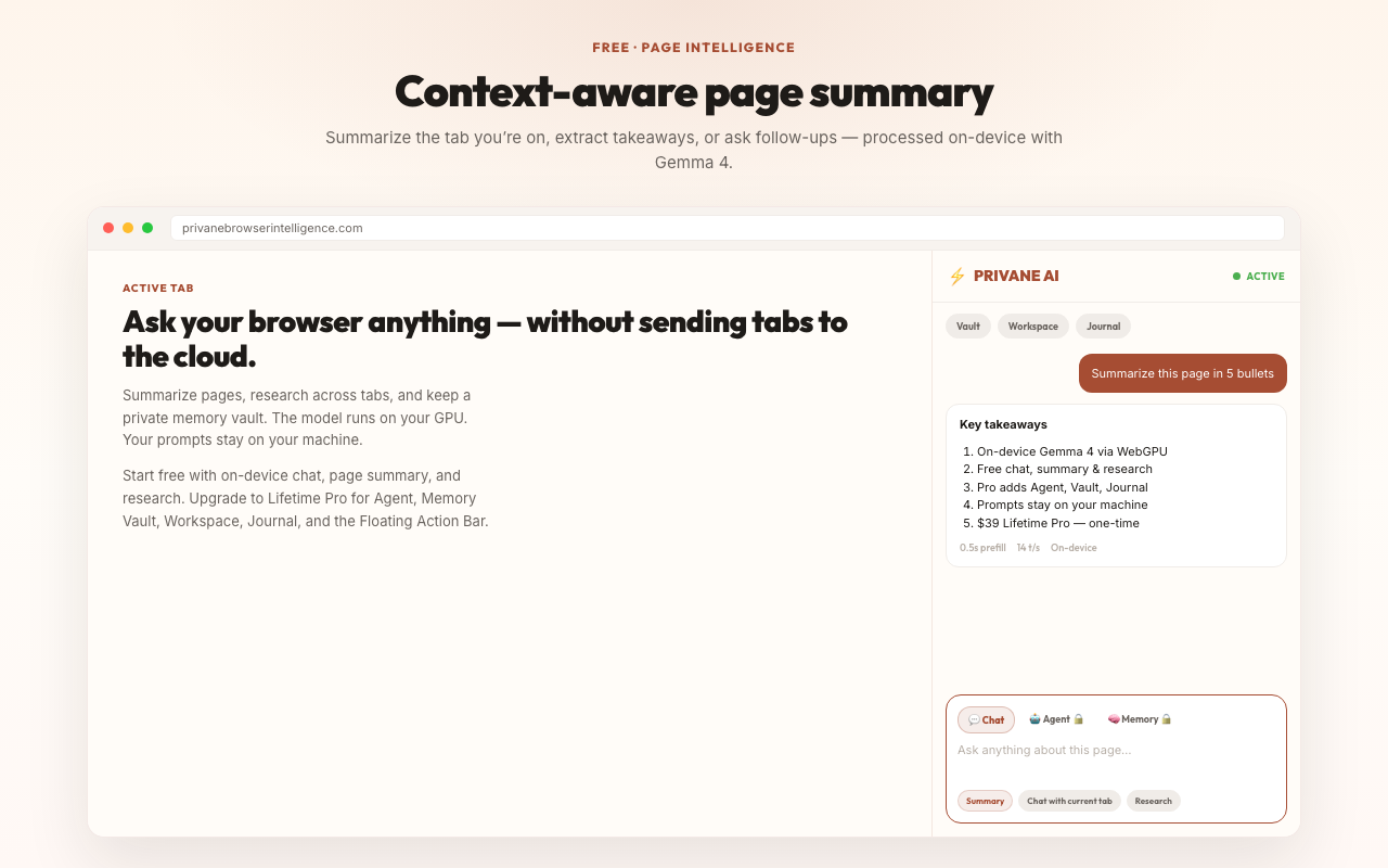 Privane summarizing the active webpage