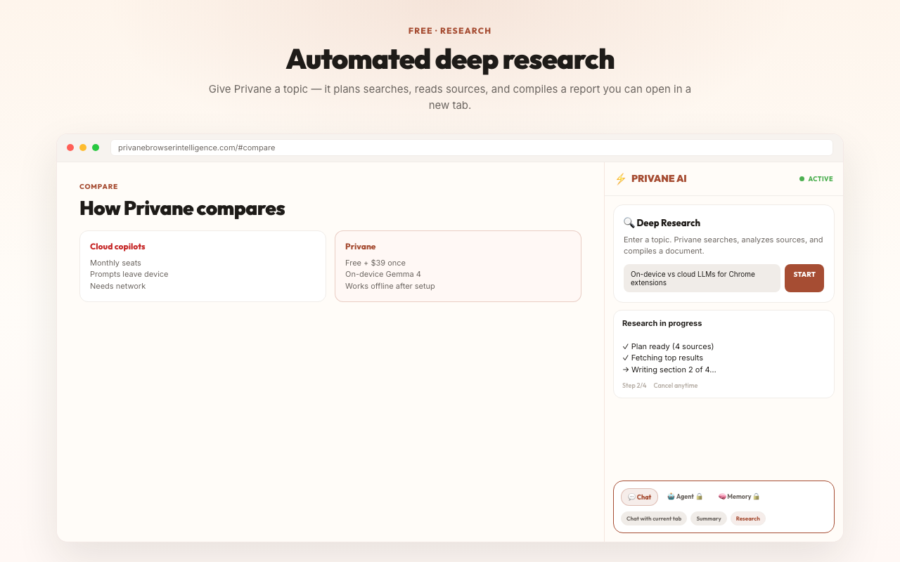 Privane deep research running in the side panel
